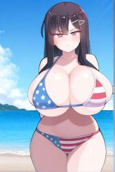 ai_generated beach bikini black_hair female female_only huge_breasts long_hair nozomi_(akitokage01) schoolgirl tsundere