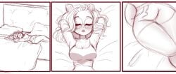 anthro armpits arms_behind_head blush breasts bunny bunny_ears bunny_tail closed_eyes comic comic_strip drawstring glasses laying_down laying_on_bed ohthesunnyside rabbit short_ears short_hair shorts sketch sunny_bunny_(ohthesunnyside) thigh_gap thighs