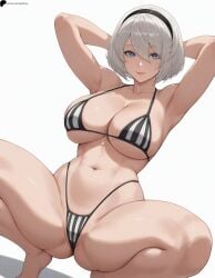 1girl 1girls 2b_(nier:automata) ai_generated armpits arms_behind_head arms_up barefoot bikini black_bikini black_hairband blue_eyes bob_cut breasts closed_mouth hairband hi_res high_quality high_resolution highres large_breasts legs light lips looking_at_viewer midriff navel nier nier:_automata nier_(series) nose opal_nemy patreon_logo patreon_url patreon_username plain_background self_upload shadow shiny shiny_hair shiny_skin short_hair simple_background solo squatting string_bikini swimsuit thick_thighs thighs watermark white_background white_hair yorha_2b