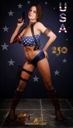american american_flag_bikini blue_eyes brown_hair female female_only gun jill_valentine phantomlust pose posing resident_evil resident_evil_3 side_view