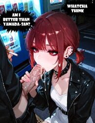 1boy 1girl aetera age_difference ai_generated bangs big_penis black_belt black_jacket black_pants black_skirt blowjob breasts choppy_bangs cigarette clothed collar cum cum_in_mouth cum_inside cum_on_ear cum_on_hair cum_on_neck cumdrip dress drinks ear_piercing earrings emotionless english_text expressionless eyeshadow fellatio female fingernails foreskin from_above glans glans_in_mouth handjob hetero holding_cigarette huge_penis jacket kneeling long_foreskin makeup medium_hair night open_eyes open_jacket parking_lot penis pink_fingernails pink_nails ponytail red_eyes red_hair red_lips red_lipstick sasaki semen short_ponytail sidelocks smoking speech_bubble super_no_ura_de_yani_suu_futari tayama_(super_no_ura_de_yani_suu_futari) text text_bubble veiny_penis vending_machine white_dress