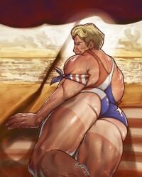 1boy beach behind_view captain_america captain_america_(marvel_rivals) captain_america_(series) from_behind male male_focus male_only solo solo_focus solo_male steve_rogers sunbathing swimsuit swimsuit_only swimwear tagme_(artist) tan_lines