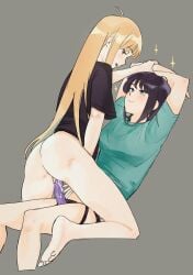 2girls ahoge arms_up ass barefoot black_hair blonde_hair blush bottomless cho_kaguya-hime! closed_mouth commentary cropped_legs dildo english_commentary green_eyes grey_background highres holding_another's_arm kaguya_(cho_kaguya-hime!) long_hair looking_at_another medium_hair mole multiple_girls open_mouth pom_dovu pussy_juice red_eyes sakayori_iroha sex_toy short_sleeves smile sparkle strap-on yuri