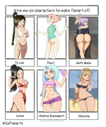 andrea_davenport anus avatar_the_last_airbender big_ass bikini blush bottomless breasts cartoon_network clothing crossover daphne_dress disney disney_channel dress dress_lift eastern_and_western_character english_text fire_emblem fire_emblem_heroes fire_nation gym_shorts large_breasts lotus_(zero_escape) medium_breasts melia_antiqua nenkanuko nickelodeon nintendo nipple_bulge nipple_slip nipples pearl_(steven_universe) pussy selfie sharena_(fire_emblem) shorts six_fanarts_challenge small_breasts steven_universe stripping swimsuit t-shirt text the_ghost_and_molly_mcgee ty_lee underboob undressing white_background wings xenoblade_(series) xenoblade_chronicles zero_escape