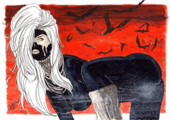 1girls 2017 ass big_ass big_breasts breasts dark-skinned_female dark_skin east_of_west female image_comics josileudo native_american native_american_female nude pussy solo traditional_media_(artwork) west_crow_(character) white_hair