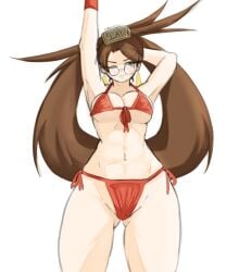1girls arms_up artist_request bikini breasts brown_eyes brown_hair earrings front-tie_top glasses guilty_gear guilty_gear_strive jewelry kuradoberi_jam large_breasts long_hair navel one_eye_closed red_bikini side-tie_bikini solo striped swimsuit very_long_hair