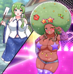 afro after_transformation ass bimbo bimbofication brainwashing breast_expansion breast_growth breast_growth_(enlargement) breasts cleavage dark-skinned_female disco ebonization female gyaru hair_growth high_heels huge_ass huge_breasts hypnosis japanese_text midriff navel personality_change plump post-transformation race_swap revealing_clothes sanae_kochiya text thick_thighs touhou transformation weight_gain wide_hips yu_(pixiv_artist)