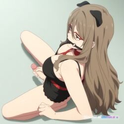 1_girl 1girl adult aged_up ai_assisted ai_generated anime_coloring black_camisole brown_eyes brown_hair collar ear_piercing hair_between_eyes hand_on_penis leaning_back long_hair naked nude on_knees penis sexually_suggestive small_penis transgender view_from_behind white_background