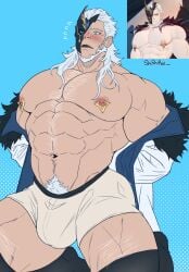 abs bara biceps big_bulge blue_eyes bulge daddy dilf genshin_impact male male_nipples male_only manly mask mature_male muscular_male nipples pecs penis_outline pierro_(genshin_impact) underwear white_hair