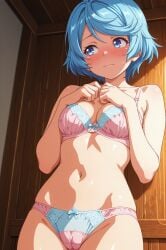 blue_eyes blue_hair blush nervous pink_bra pink_panties pink_underwear short_hair small_breasts