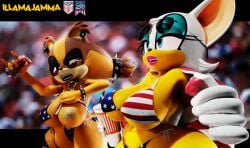 2girls 3d 3d_(artwork) 4th_of_july american_flag_bikini anthro areolae badger bat big_breasts bikini breasts busty chiropteran female female_only flashing flashing_breasts furry furry_only huge_breasts illamajamma large_breasts massive_breasts nipples one_breast_out png rouge_the_bat sonic_(series) sonic_the_hedgehog_(series) sticks_the_badger sunglasses sunglasses_on_head thick_thighs wide_hips