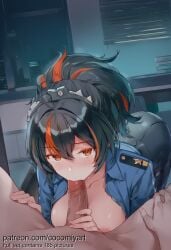 1boy 1girl 2026 ai_generated black_hair blue_shirt blush breasts clothed_female_nude_male cocomiyart fellatio gumroad_username hair_between_eyes hetero high_ponytail highres large_breasts long_hair looking_at_viewer multicolored_hair nipples nsfw nude open_clothes open_shirt oral orange_eyes penis police police_uniform policewoman ponytail pov red_hair shirt solo_focus spiked_hairband streaked_hair two-tone_hair uncensored uniform window_blinds zenless_zone_zero zhu_yuan
