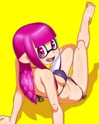 1girls bikini digital_drawing_(artwork) digital_media_(artwork) hands_on_floor inkling inkling_girl lifting_leg looking_at_viewer looking_back nipples_visible_through_clothing open_mouth purple_bikini purple_eyes purple_hair small_bikini smiling smiling_at_viewer splatoon splatoon_2 tsuwitchii84