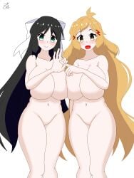 2girls aged_up alternate_hairstyle black_hair blush bow breasts commentary green_eyes hair_bow hair_ornament highres kohinata_miku large_breasts long_hair multiple_girls navel no_pussy nude open_mouth scar scar_on_chest senki_zesshou_symphogear smile standing tachibana_hibiki_(symphogear) take_your_pick white_background
