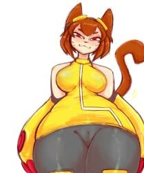 1girls :3 boobs breasts brown_hair cat_ears cat_tail catgirl clothing furry gameoverse glitch_productions gloves goggles goggles_on_head kit_(gameoverse) kit_bodega pussy_bulge red_eyes simple_background sleeveless thick_thighs thighs whiskers