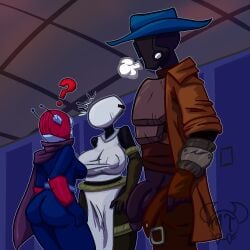 1boy 2021 2girls ? antennae armor artificer_(risk_of_rain) ass bandit_(risk_of_rain) big_ass big_breasts breasts clothed cowboy_hat exhibitionism female hat helmet huntress_(risk_of_rain) jacket locker locker_room male male/female misterthanatos nipples_visible_through_clothing penis_out red_clothing revealing_clothes risk_of_rain risk_of_rain_2 scarf sideboob white_clothing