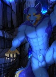 abs anthro balls biped black_claws blue_balls blue_body blue_ears blue_fire blue_fur blue_inner_ear_fluff blue_nose blue_penis blue_sheath blue_tail canid canine canis cheek_tuft claws clockhands colored_fire domestic_dog facial_tuft finger_claws fire floppy_ears front_view fur genitals glistening glistening_eyes glistening_nose hi_res inner_ear_fluff male mammal mouth_closed muscular muscular_anthro muscular_male navel orange_eyes pecs penis penis_tip rock shoulder_tuft solo sparkles spread_legs spreading standing tuft yellow_body yellow_fingers yellow_fur yellow_tail