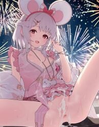 1girl animal_bag animal_ears anus bracelet braid breasts commentary_request cover cover_page cum cum_in_pussy cum_on_body cum_on_clothes cumdrip doujin_cover fake_animal_ears fireworks granblue_fantasy grey_hair hairband half_up_braid highres holding_own_hair japanese_clothes jewelry kimono medium_hair mouse_ears night nipples open_mouth outdoors partially_unbuttoned pink_kimono pussy red_eyes sawayaka_samehada shawl short_kimono sidelocks sleeveless sleeveless_kimono small_breasts solo spread_legs textless_cover_page textless_version vikala_(granblue_fantasy) vikala_(yukata)_(granblue_fantasy) yukata