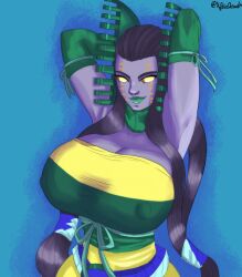 1girl 1girls armpits arms_behind_head arms_up atlus big_boobs big_breasts black_hair comb demon demoness digital_drawing digital_drawing_(artwork) digital_media digital_media_(artwork) female female_only goddess green_lips green_lipstick grey_body grey_skin large_breasts persona shin_megami_tensei signature signature_artist_name simple_background solo solo_female solo_focus xfiredead yellow_eyes yellow_sclera