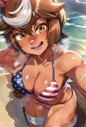 1girl 4th_of_july abs ai_generated american_flag american_flag_bikini animal_ears beach bikini blush breasts brown_hair covering_self detailed_background dynamic_pose glossy highres horse_girl independence_day indie_virtual_youtuber indie_vtuber large_breasts multicolored_hair muscular muscular_female naticai nipples ocean open_mouth patriotic public shiny_skin smile solo star_print summer sweat tan_body tan_skin umari_tomoe vtuber water_droplets white_hair yellow_eyes