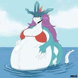 1:1 absurd_res ancient_pokemon anthro belly big_belly big_breasts bikini bikini_top blue_body breasts claws clothed clothing dhalek digital_media_(artwork) female fur generation_9_pokemon hair hand_on_belly hi_res horn huge_belly hyper hyper_pregnancy looking_at_viewer nintendo nipple_outline paradox_pokemon partially_submerged pokemon pokemon_(species) pregnant pregnant_anthro pregnant_female purple_hair red_eyes smile solo spikes spikes_(anatomy) swimwear tail two-piece_swimsuit walking_wake water white_body
