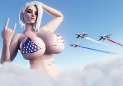 1girls 3d 3d_(artwork) airplane american_flag_bikini american_flag_bikini_top ashe_(overwatch) big_boobs big_breasts bikini blizzard_entertainment boobs breasts dej_arts female female_focus female_only huge_boobs huge_breasts light-skinned_female light_skin overwatch overwatch_2 plane smile smiling