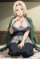 1girl ai_generated artist_name barefoot bath_yukata bed black_pants blonde_hair bra breasts brown_eyes cleavage collarbone crystal facial_mark finger_to_mouth forehead_mark full_body grey_kimono hand_up hanten_(clothes) hexogen indoors japanese_clothes kimono large_breasts lips long_hair looking_at_viewer low_twintails mature_female naruto naruto_(series) naruto_shippuuden on_bed open_clothes open_kimono parted_lips patreon_logo patreon_username sash seiza short_eyebrows sitting smile solo toes tongue tsunade_(naruto) twintails underwear wariza watermark web_address white_bra wide_sleeves