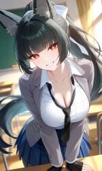 ai_generated big breasts cleavage clothes hoshimi_miyabi look mesmerizing open seductive smile soft teasing viewer window zenless_zone_zero