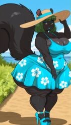 ai_generated animal_ears animal_tail anthro anthro_female anthro_focus anthro_only black_fur blue_eyeshadow blue_lipstick blue_nail_polish blue_nails boobs breasts cleavage clothed clothed_female clothes clothing dress eyeshadow fat_thighs female female_anthro female_focus female_only floral_pattern floral_print floral_print_dress footwear furry furry_female furry_only green_eyes green_hair hand_on_hat hand_on_headwear hat headwear high_heels huge_thighs large_boobs large_breasts large_thighs large_tits large_titties lipstick looking_at_viewer medium_hair nail_polish outdoors outside pixai solo solo_anthro solo_female solo_focus squigga squirrel squirrel_ears squirrel_girl squirrel_tail straw_hat sun_hat sundress sunhat tagme tail thick_thighs tits titties wide_hips