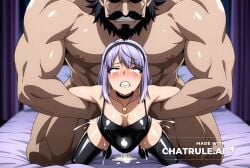 1girl 1girl1boy adult_woman ahegao ai_assisted ai_generated anime_coloring anime_screencap anime_style big_ass blue_eyes blurred_background blush blushing bouncing chubby_girl cleavage cum_on_ass cum_on_chest cum_on_face deep_penetration dramatic_lighting drool eye_roll eyeroll eyes_wide_open from_above grimace hair_covering_face hairband hard_nipples head_thrown_back headshot height_difference hoop_earrings purple_hair ringed_eyes solo