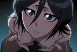 1girl ai ai_art ai_generated black_hair bleach blurry blush breasts completely_nude female_pubic_hair from_above grabbing_own_breast hair_between_eyes kneeling kuchiki_rukia looking_at_viewer looking_up nipples nude parted_lips pov pubic_hair purple_eyes short_hair small_breasts solo
