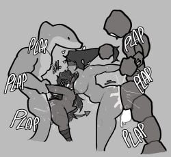 angry angry_expression angry_symbol bandage bandages blindfold blox_cards briggeybruh foursome golem hair_pull imp leaking monster monster_on_female onomatopoeia pressed_against pressed_against_breasts pressed_together roblox roblox_game scars snake snake_humanoid tagme tagme_(character) tongue tongue_out