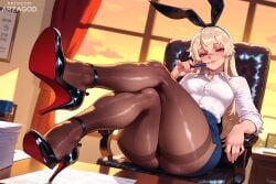 1girls ai_generated arzagod ass big_ass big_butt blonde_hair blurry blurry_background breasts brown_eyes brown_pantyhose bunny_ears butt button-up_shirt chair closed_mouth collared_shirt colored_shoe_soles crossed_legs curtains curvy depth_of_field female fine_fabric_emphasis foot_focus foreshortening full_body hairband hand_up high_heel hips huge_ass huge_butt indoors kantai_collection legs legwear long_hair looking_at_viewer medium_breasts night office office_chair office_lady orange_sky pantyhose pencil_skirt perky_breasts relaxed_pose shimakaze_(kancolle) shimakaze_(kantai_collection) shiny_skin shirt shirt_tucked_in skirt sky smile soles solo solo_female stable_diffusion tagme taut_clothes taut_shirt thick_thighs thighband_pantyhose thighs wide_hips wide_thighs yellow_eyes