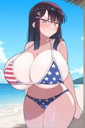 ai_generated beach bikini black_hair female female_only huge_breasts long_hair nozomi_(akitokage01) schoolgirl tsundere