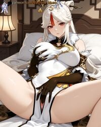 1girl 1girls adult adult_female ai_generated bare_shoulders bed bedroom big_breasts boobs breasts bust busty busty_female busty_girl chinese chinese_clothes chinese_female clothes clothing detached_sleeves dress elbow_gloves eye_contact female female_masturbation fingering fingering_pussy fingering_self genshin_impact girl gloves grabbing_own_breast grey_hair hair_ornament hair_pin hoyoverse indoor indoors large_breasts legs_apart legs_spread liyue_girls looking_at_viewer machine_muse masturbation mature mature_body mature_female mihoyo ningguang_(genshin_impact) on_bed pelvic_curtain platinum_blonde_hair pussy red_hair room sexy sexy_body sleeveless sleeves solo spread_legs streaked_hair tits uncensored vagina watermark white_hair