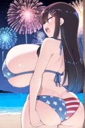 ai_generated beach bikini black_hair female female_only huge_breasts long_hair nozomi_(akitokage01) schoolgirl tsundere