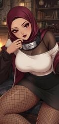 ai_assisted ai_generated female fishnet_legwear fishnets hijab hijabi lipstick naruto_(series) pencil_skirt sharingan sheer_clothing tanned tanned_female tanned_skin