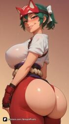 1girl ai_generated artist_name ass ass_focus blizzard_entertainment blush bow breasts brown_background brown_eyes clothing_cutout facial_mark fingerless_gloves fox_mask from_behind gloves gradient gradient_background green_hair hair_bow huge_ass japanese_clothes kimono kiriko_(overwatch) large_breasts lip_biting lips looking_at_viewer looking_back mask mask_on_head ninja overwatch overwatch_2 pants parted_lips patreon ponytail questionable red_gloves sash senpai_pixels short_sleeves smile solo thick_thighs thighs white_bow white_kimono