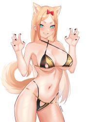 absurdres animal_ears areola_slip bikini black_bikini blonde_hair blue_eyes blush bow breasts claw_pose cleavage clothing_cutout cowboy_shot earrings female fox_ears fox_girl fox_tail fran_(gudanco_(nyanmeowzer)) golden_bikini grin gudanco_(nyanmeowzer) hairbow highres jewelry large_breasts long_hair looking_at_viewer nail_polish navel original red_bow simple_background smile solo string_bikini swimsuit tail thick_eyebrows thong white_background