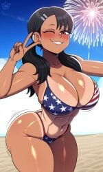 4th_of_july abs ai_generated asian_female beach_background big_breasts blush fireworks flag_bikini flag_print fourth_of_july hayase_nagatoro large_breasts peace_sign pigtails please_don't_bully_me,_nagatoro shortstack smirk tan_body thick_ass thick_thighs usa_bikini wink