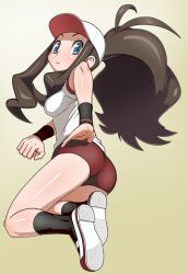 1girls ass bloomers blue_eyes brown_hair digital_drawing_(artwork) digital_media_(artwork) gym_shorts gym_uniform headgear hilda_(pokemon) looking_at_viewer looking_back pokemon pokemon_bw ponytail shoes socks tight_clothing tsuwitchii84