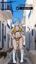 alley animated bikini blue_eyes blue_hair bulma_briefs dragon_ball dragon_ball_super dragon_ball_super_super_hero dragon_ball_z euphoria-xox hand_on_hip looking_at_viewer public shade smile socks white_socks yellow_bikini