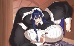 1girls alternate_version_available blue_eyes blue_hair breasts dagwam female giantess gigantic_breasts hallway hololive huge_breasts maid maid_headdress maid_uniform mouth_open muscle_fetish muscular muscular_arms muscular_female ouro_kronii stuck stuck_in_hallway tongue too_big too_big_to_move vtuber