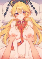 1boy 1girl bar_censor between_breasts black_hat blonde_hair blush breasts censored clothes_between_breasts commentary_request dalachi_(headdress) grabbing_another's_breast groping hair_between_eyes happy_sex hat hetero highres junko_(touhou) large_breasts large_variant_set long_hair looking_at_viewer lying missionary naked_tabard neck_ribbon nipples on_back open_mouth orange_eyes penis pov red_ribbon red_tabard ribbon sex spread_legs sweat tabard tama_(soon32281) touhou vaginal variant_set very_long_hair