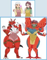 2anthro 2girls 4_arms abs_visible_through_clothing after_transformation anthro apron apron_only before_and_after brown_eyes brown_hair card claws cleavage clothed clothed_female clothing digimon digimon_(species) digimon_adventure digimon_tamers digivice exoskeleton female female_only green-skinned_female green_shirt green_skin green_skinned_female growlmon headband holding_card holding_object huge_breasts human human_to_anthro implied_transformation kae_izumi kuwagamon light-skinned_female light_skin light_skinned_female long_hair medium_breasts milf mother pink_apron post-transformation post_transformation red-skinned_female red_exoskeleton red_skin red_skinned_female ripped_clothing sharp_teeth shirt shocked shocked_expression shocked_eyes shocked_face species_transformation tail thick_thighs transformation urusee584 white_claws white_headband wide_hips yellow_apron yellow_eyes yellow_shirt yoshie_matsuki