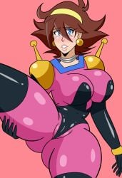 blue_eyes breasts brown_hair earrings g_gundam gundam hairband light-skinned_female light_skin looking_at_viewer mobile_trace_suit rain_mikamura shingattai thighs voluptuous