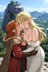 2girls ai_generated blonde_hair blue_eyes blushing_at_partner braided_hair choker cleavage cloak daytime dwarf_female earrings elf_female embracing_each_other female/female female_only forest_background freckles freckles_on_face fully_clothed green_eyes hair_ornament happy height_difference large_breasts leather_gloves light-skinned_female long_hair looking_at_partner loving_gaze married_couple morning mountain outdoors passionate_kiss pointy_ears red_hair romantic_couple tongue_kiss white_dress wholesome wife_and_wife yuri