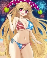 american_flag_bikini beach bikini clownpiece fireworks flag_bikini independence_day large_breasts navel night tewimom thighs touhou watercolor_(artwork)