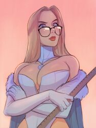 1girls arm_length_gloves blonde_female blonde_hair blue_eyes cleavage clothed derek_pashano emma_frost female fur_trim glasses looking_at_viewer marvel marvel_comics red_lipstick ruler straight_hair white_clothing white_gloves white_queen x-men yardstick