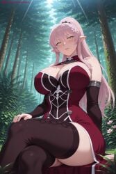 1girl ai_generated ariane_glenys_lalatoya bangs bare_shoulders black_legwear blush breasts cleavage crossed_legs detached_collar detached_sleeves dress flower forest from_below gaikotsu_kishi-sama_tadaima_isekai_e_o_dekake-chuu hair_ornament hi_res high_quality high_resolution kiraamane large_breasts long_hair looking_at_viewer nature outdoors patreon pink_hair pointy_ears ponytail red_dress seductive sexy sitting solo strapless thighhighs tree uncensored watermark yellow_eyes